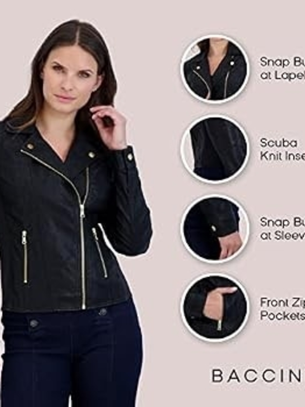 Baccini Black Moto Jacket - Women's Faux Leather Zip Jacket